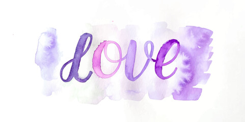 Watercolor love illustration, soft purple hues, romantic design, artistic expression, perfect for greeting cards.