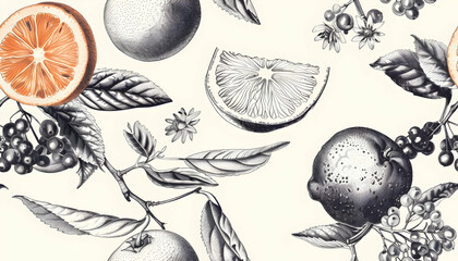 Obraz premium Citrus Fruits Botanical Illustration Seamless Pattern