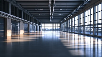 Spacious industrial interior with large windows and sunlight streaming through.