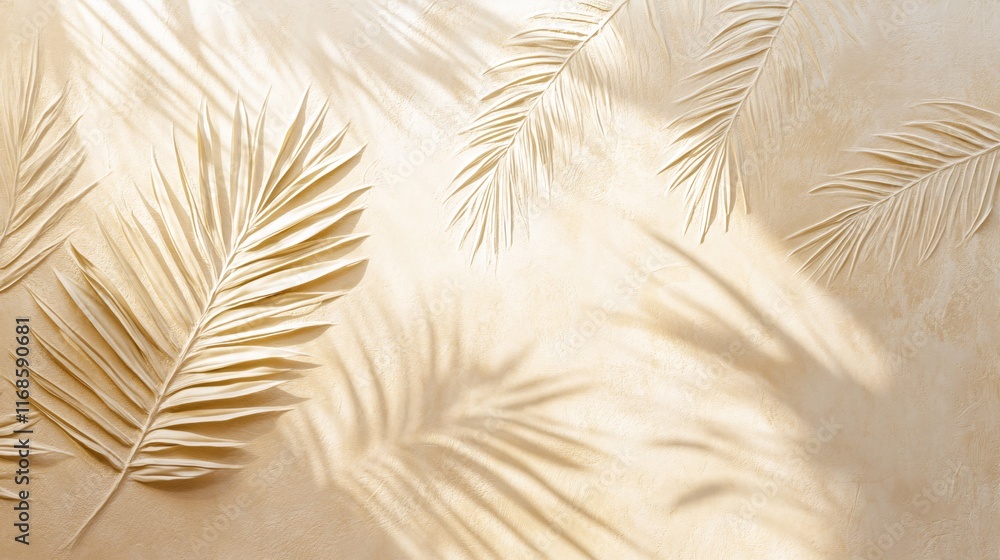 Poster Elegant Textured Background with Intricate Palm Leaf Designs and Soft Shadows