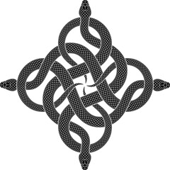 Vector tattoo design of four black snakes knotted in form of cross symbol. Isolated black serpent silhouette in square shape.