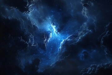 Captivating cosmic clouds illuminated by electric blue light in a dark starry sky