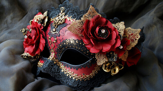 Red and black Venetian mask with roses.