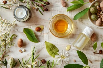 Natural skincare products including jojoba oil, creams, and seeds arranged with fresh green leaves and flowers on a rustic, textured surface.