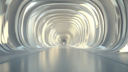 Futuristic white tunnel with glowing light.