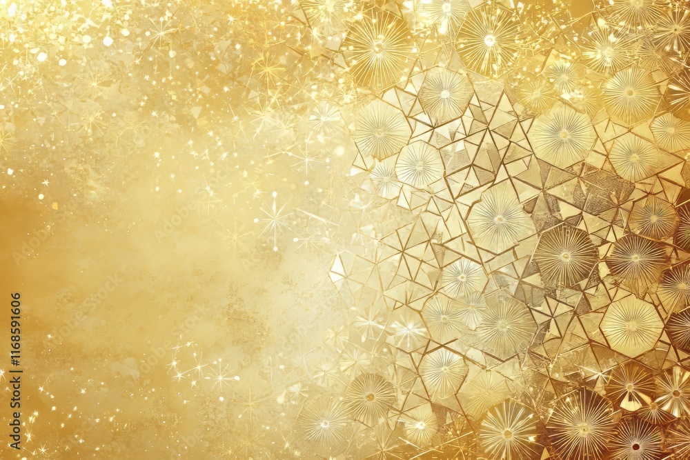 Poster golden abstract pattern with intricate designs and shimmering elements creating a festive atmosphere