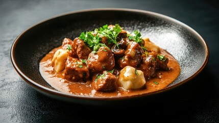A delicious dish featuring tender meatballs in rich sauce, garnished with fresh herbs, served in an elegant dark bowl against a contrasting background.