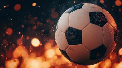 Fototapeta premium A dynamic soccer ball surrounded by sparks, illustrating motion and energy in a vibrant, fiery setting.