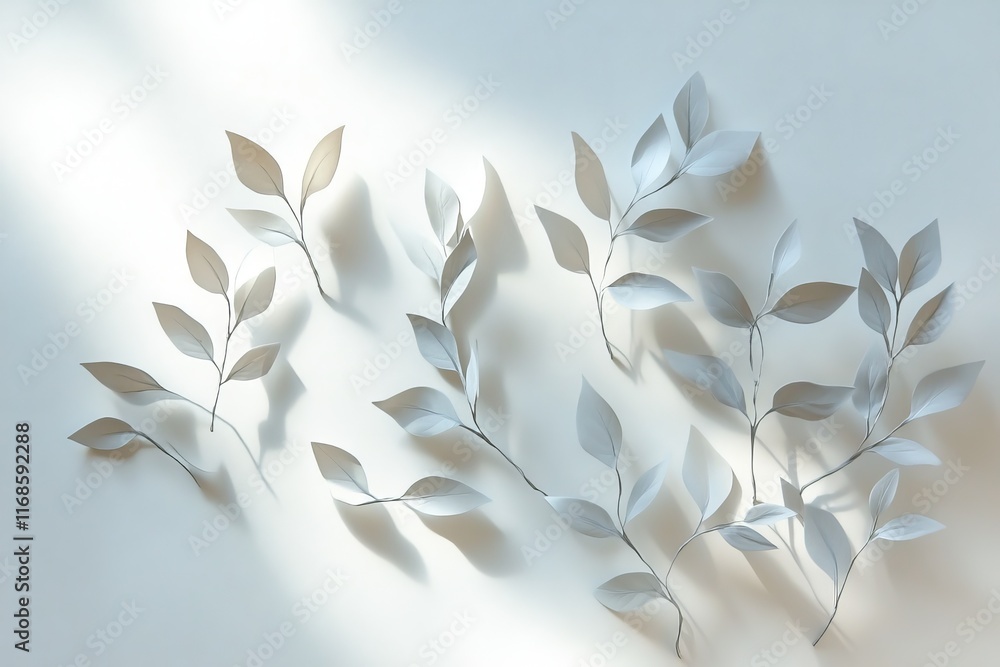 Poster Decorative white leaves casting soft shadows on a light background in a serene and minimalist setting