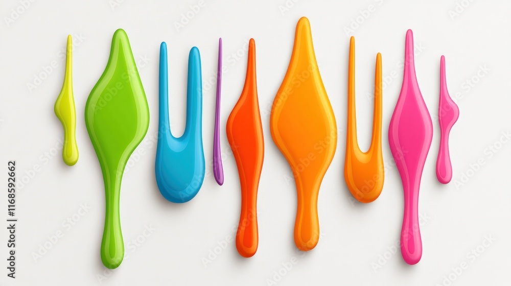 Poster colorful paint blobs arranged in a playful pattern on a white background.