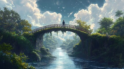 Fototapeta premium A young adult crossing a bridge over a river, representing transition, growth, and the pursuit of life’s deeper meaning 