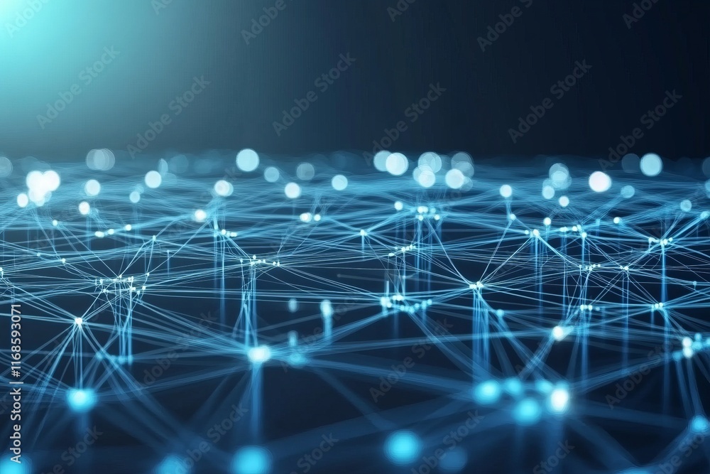 Poster digital network connection represented by glowing blue lines and dots over a dark background illustr
