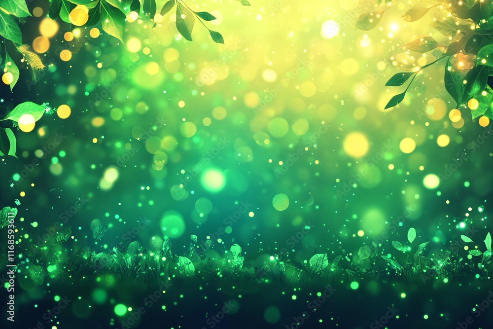 Aufkleber bright green background with soft bokeh lights and leaves creating an ethereal atmosphere