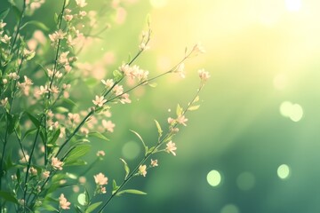 Soft sunlight filters through delicate flowers in a serene garden setting filled with vibrant greenery