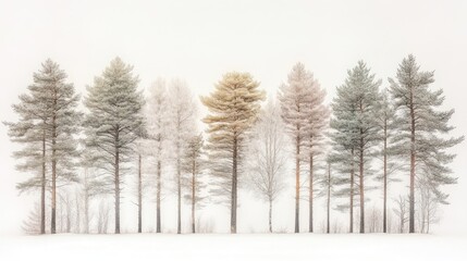 Pastel-colored frosted trees in snowy field.