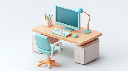 Modern Pastel Minimalist Home Office Desk Setup with Computer Chair and Accessories