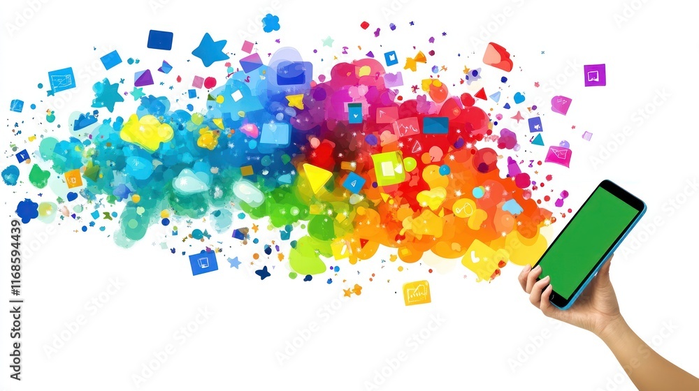 Poster Hand holding smartphone with colorful app icons and shapes emanating from screen.