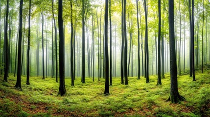 Obraz premium Misty Forest with Tall Trees and Lush Green Underbrush in Soft Natural Light