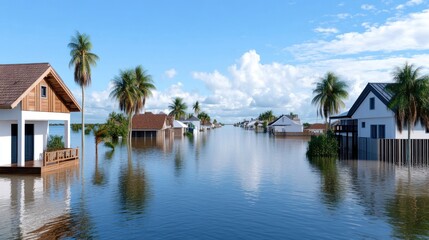 Obraz premium Flooded neighborhood with houses submerged in water and palm trees.