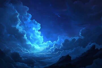 Mystical night sky with glowing clouds and celestial glow over a dark horizon