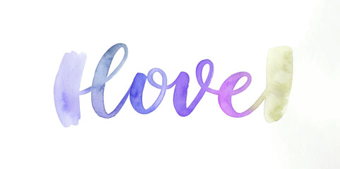 Watercolor love text, vibrant purple hues, artistic design, romantic theme, decorative element, creative expression.