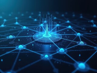 Naklejka premium Network visualization depicting interconnected nodes with a central peak displaying data points and connections in a digital context