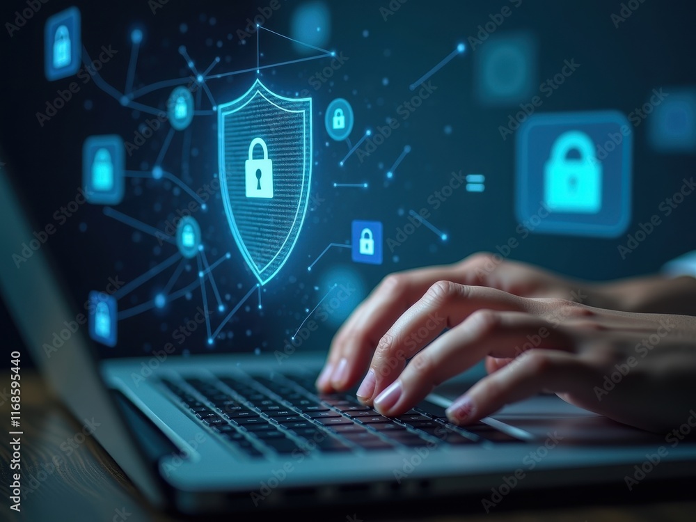 Poster closeup view of hands typing on a laptop while digital security icons appear, highlighting online sa