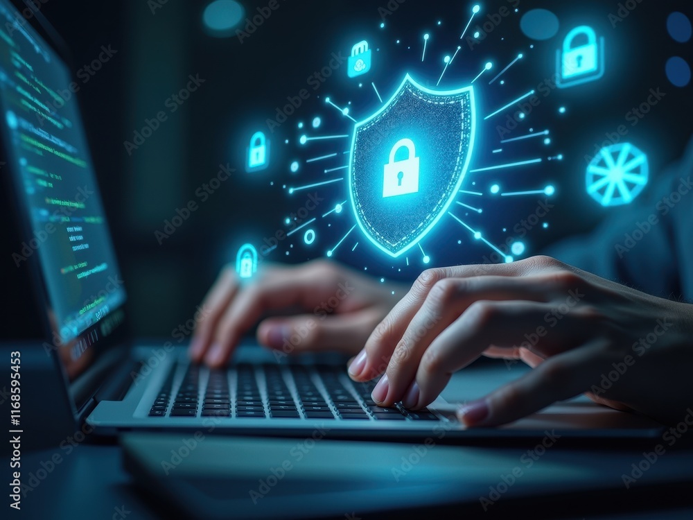 Poster closeup of hands typing on a laptop with digital security icons around a shield, emphasizing online 