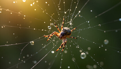 Spider on Web with Dew Drops