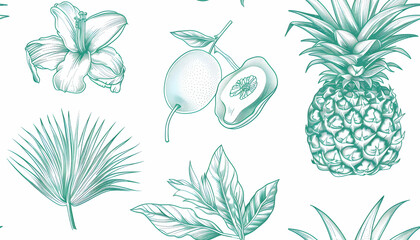 Teal Tropical Illustration: Pineapple, Mango, Hibiscus Seamless Pattern