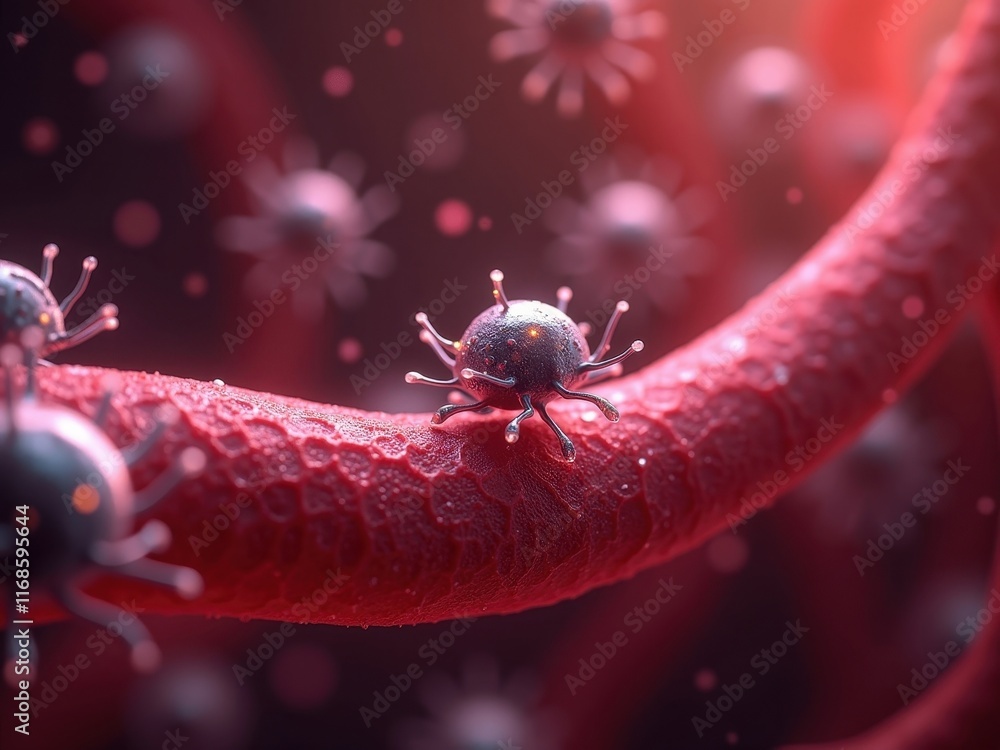 Poster closeup view of microorganisms moving along a vibrant red cellular structure in a dynamic biological