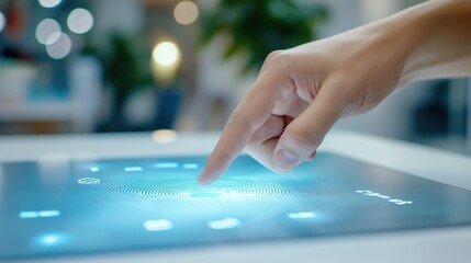 Businessman using fingerprint scanner on interactive touchscreen in office
