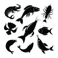 Vector Silhouette Set of Black Shrimp Fish for Web and Print