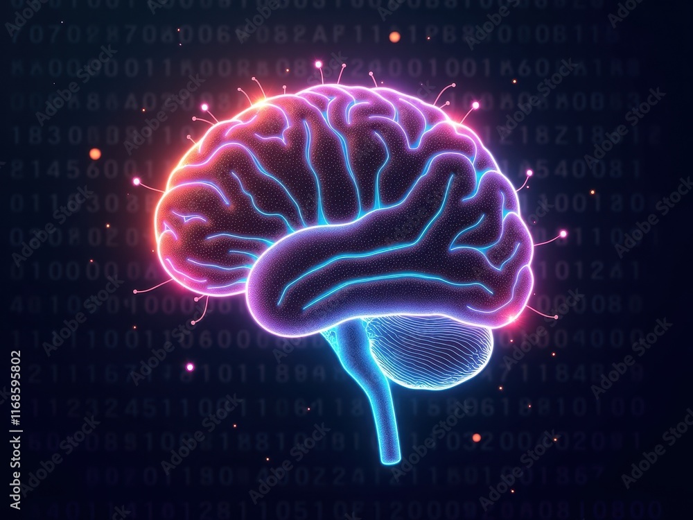 Poster creative interpretation of a neon brain symbolizing artificial intelligence and digital innovation i