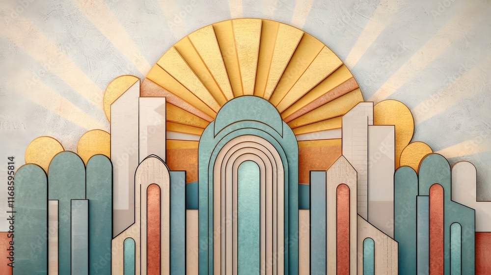 Aufkleber abstract retro architecture design with geometric shapes and vibrant sunburst background