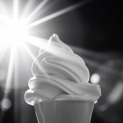 A classic black and white photograph of ice cream, featuring bright lens flares, streaks of light, conveying a timeless and elegant aesthetic