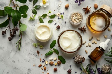Natural skincare products with cream jars, essential oils, and botanical elements on a light textured surface.
