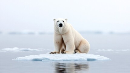 Naklejka premium A polar bear standing on an ice floe in a serene Arctic landscape.