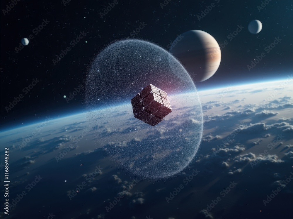 Poster futuristic satellite exploring distant planets in space with a protective energy shield surrounding 