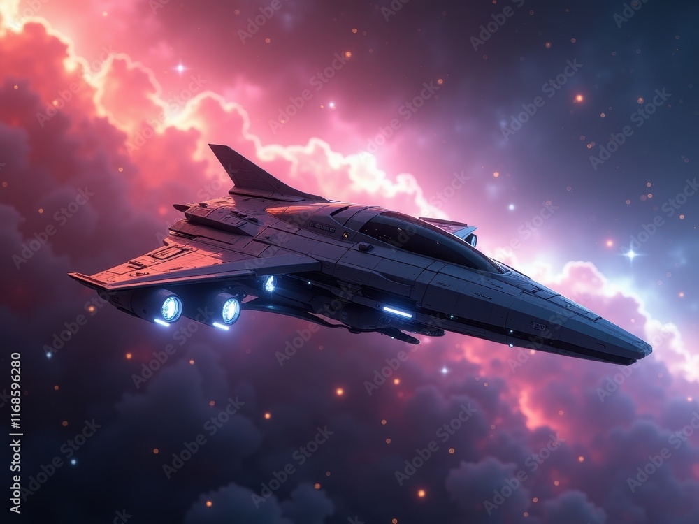 Poster futuristic spaceship soaring through a cosmic nebula with colorful gas clouds and vibrant celestial 