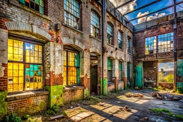Fototapeta premium Abandoned Gray Brick Building Urban Exploration Photography Stock Photo