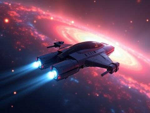 Futuristic spaceship travels through a vibrant galaxy, showcasing advanced technology and exploring the wonders of space at twilight