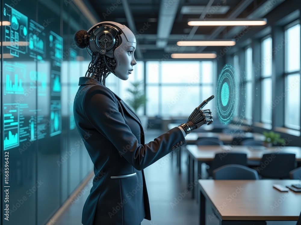 Poster humanoid robot interacting with digital interface in a modern office setting during daylight hours