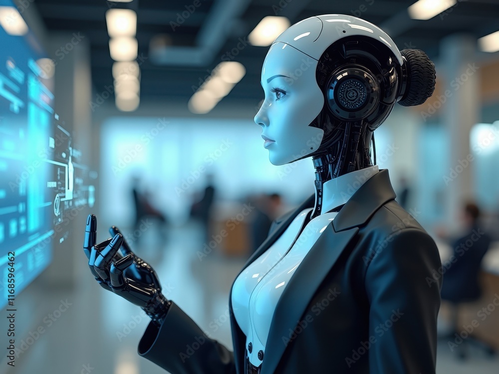 Poster humanoid robot interacts with digital interface in modern office setting during daylight hours