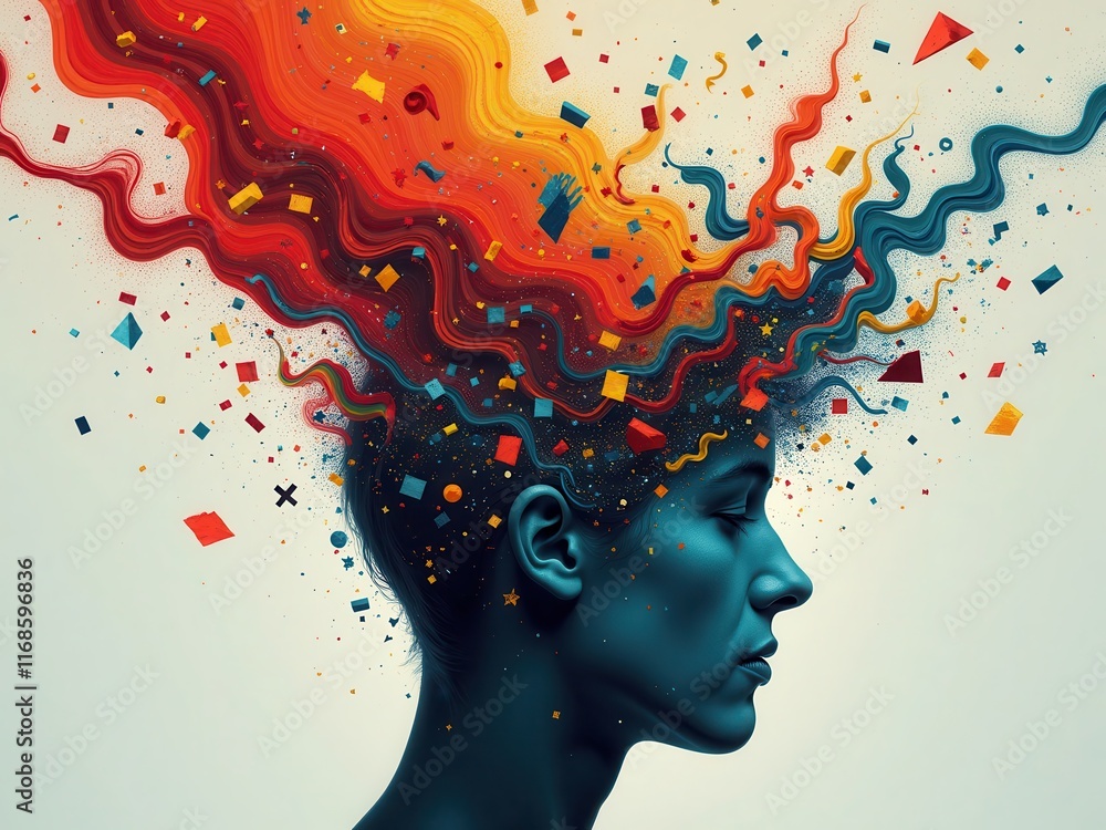 Poster surreal representation of human mind with colorful elements and flowing waves in vibrant hues expres