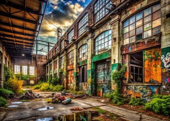 Fototapeta premium Abandoned Industrial Building with Graffiti, Urban Exploration Photography