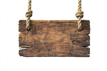 Rustic wooden sign hanging on rope.