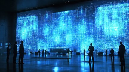 People observe large digital screen with glowing blue data in dark room.
