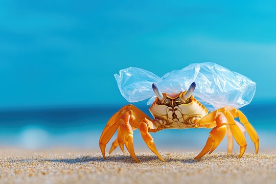 Crab with plastic bag caught on back symbolizing marine pollution on sandy beach with blue ocean in background environmental awareness concept
