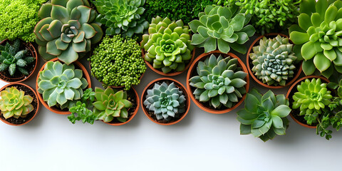 Collection of potted succulents arranged on white background.